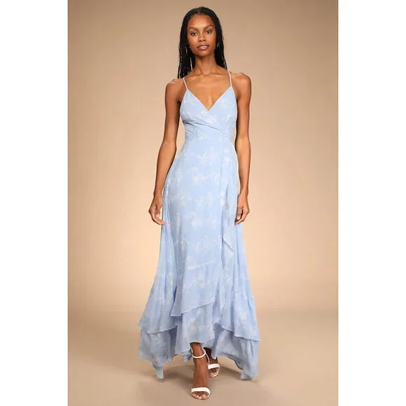 Light Blue Floral Lace-up High-low Maxi Dress - Size S - Picture 1 of 3